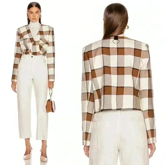 Tibi Dylan Plaid Cream Cropped Jacket Blazer in Ivory Camel Size 12 - Picture 14 of 16
